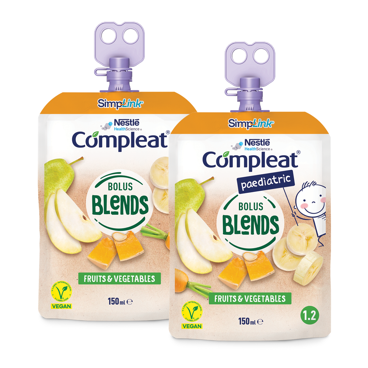 Compleat Bolus Blends og Compleat Paediatric Bolus Blends poser med smagen Fruits & Vegetables.